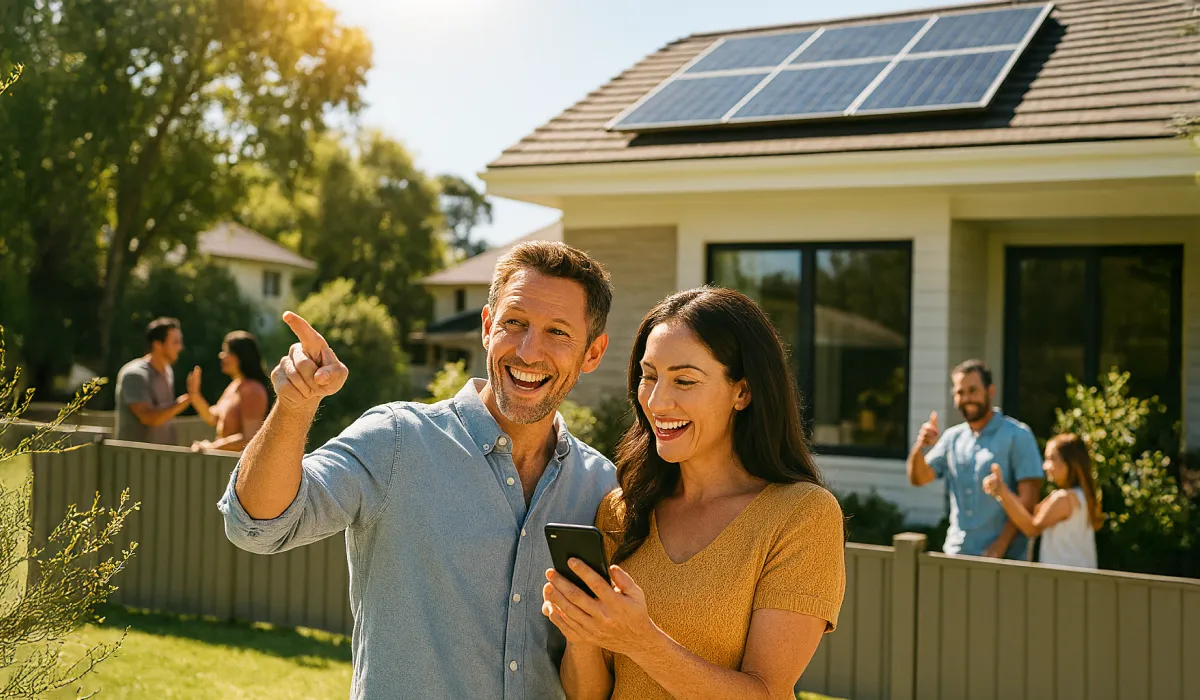 A smiling family stands in front of their modern home, which has solar panels on the roof. In the foreground, a man points to the house, a woman holds up a smartphone displaying a solar energy app and waves, and another man gives a thumbs-up. Two other people are visible on the porch in the background